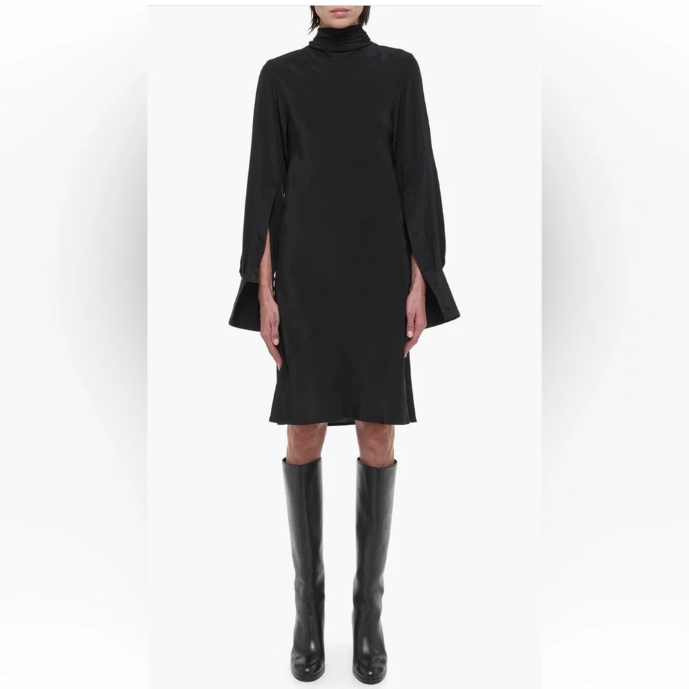 Helmut Lang Scarf Neck Long‎ Sleeve Silk Dress black small NWT